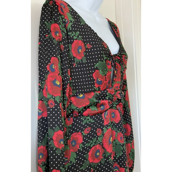 FREE PEOPLE Morning Light Satin Mini Dress in Black Poppy Floral/Polka Dot Sz 8 - Picture 6 of 16